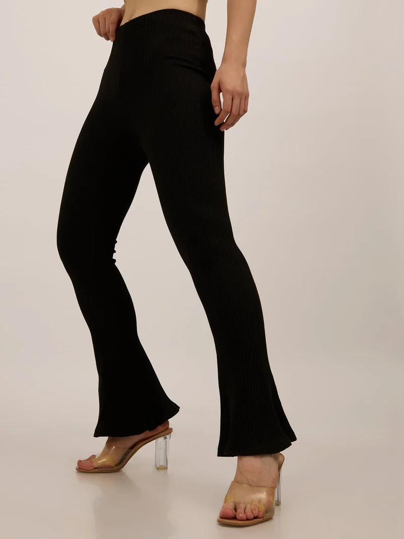 Outzidr black Black Ribbed Basic Flared Leggings for Women | Best Price UAE